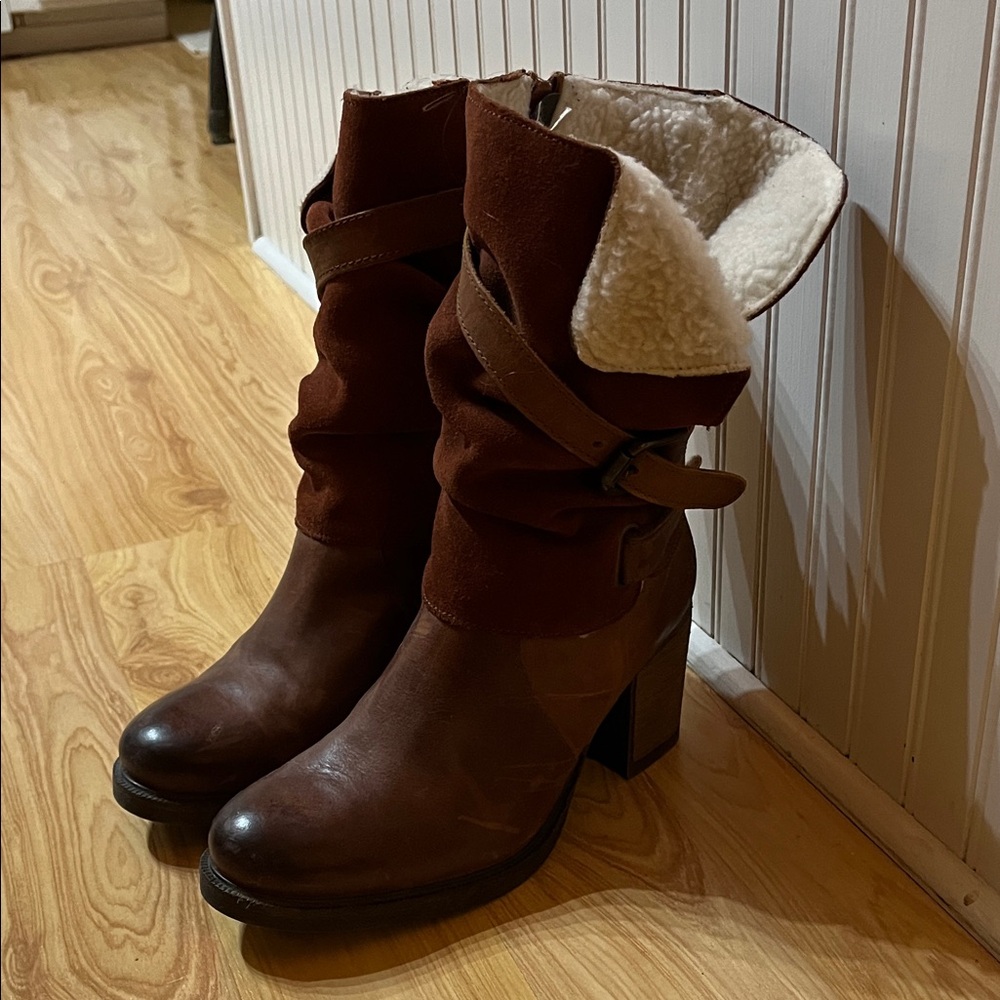 Bos. & Co. Brown Suede and Leather Shearling-Lined Heeled Boots